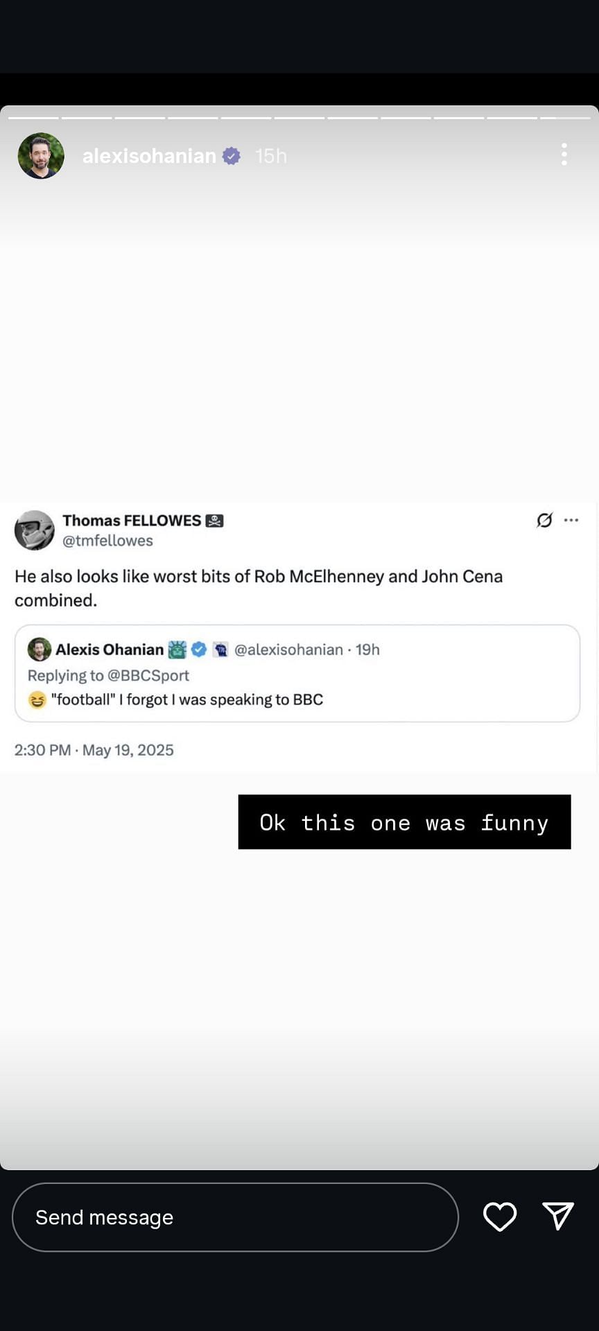 Serena Williams' husband Alexis Ohanian's Instagram Story featuring his reaction to a trolling attempt made by an Arsenal fan (Source: Instagram/alexisohanian)